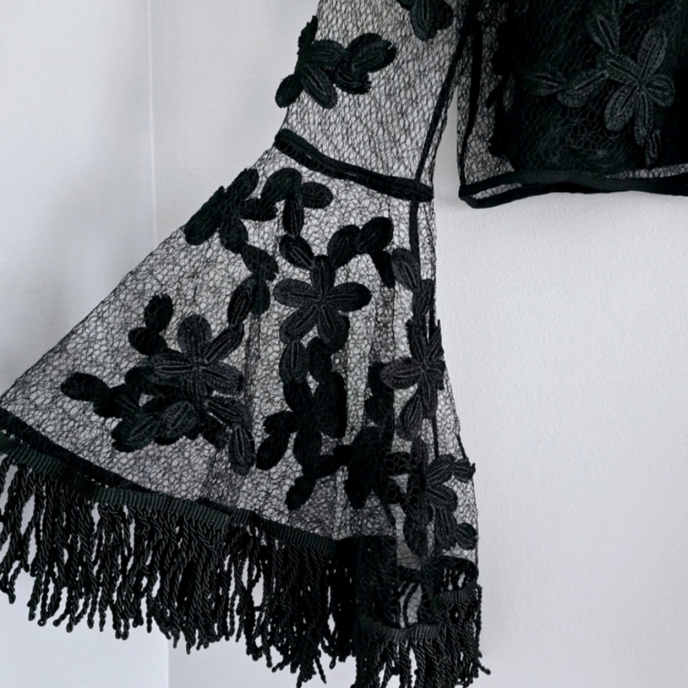 Anthropologie Endless Rose Black Lace Floral Embroidered Fringe Sleeves Crop Top - Picture 14 of 15
